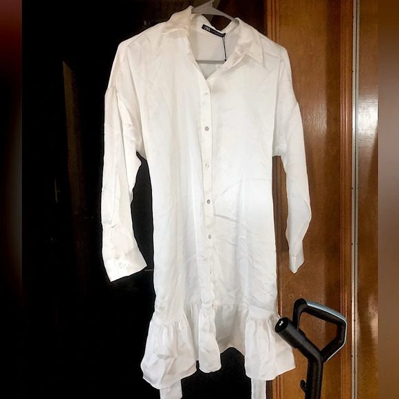 ZARA RUFFLED SATIN EFFECT DRESS OYSTER WHITE - Picture 8 of 12